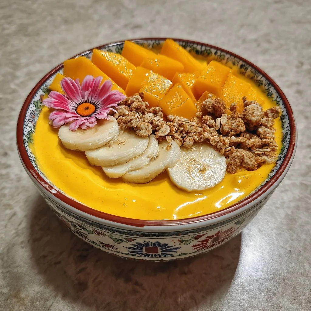 Dicker Mango-Shake ohne Banane in einem Glas mit frischen Mangostücken