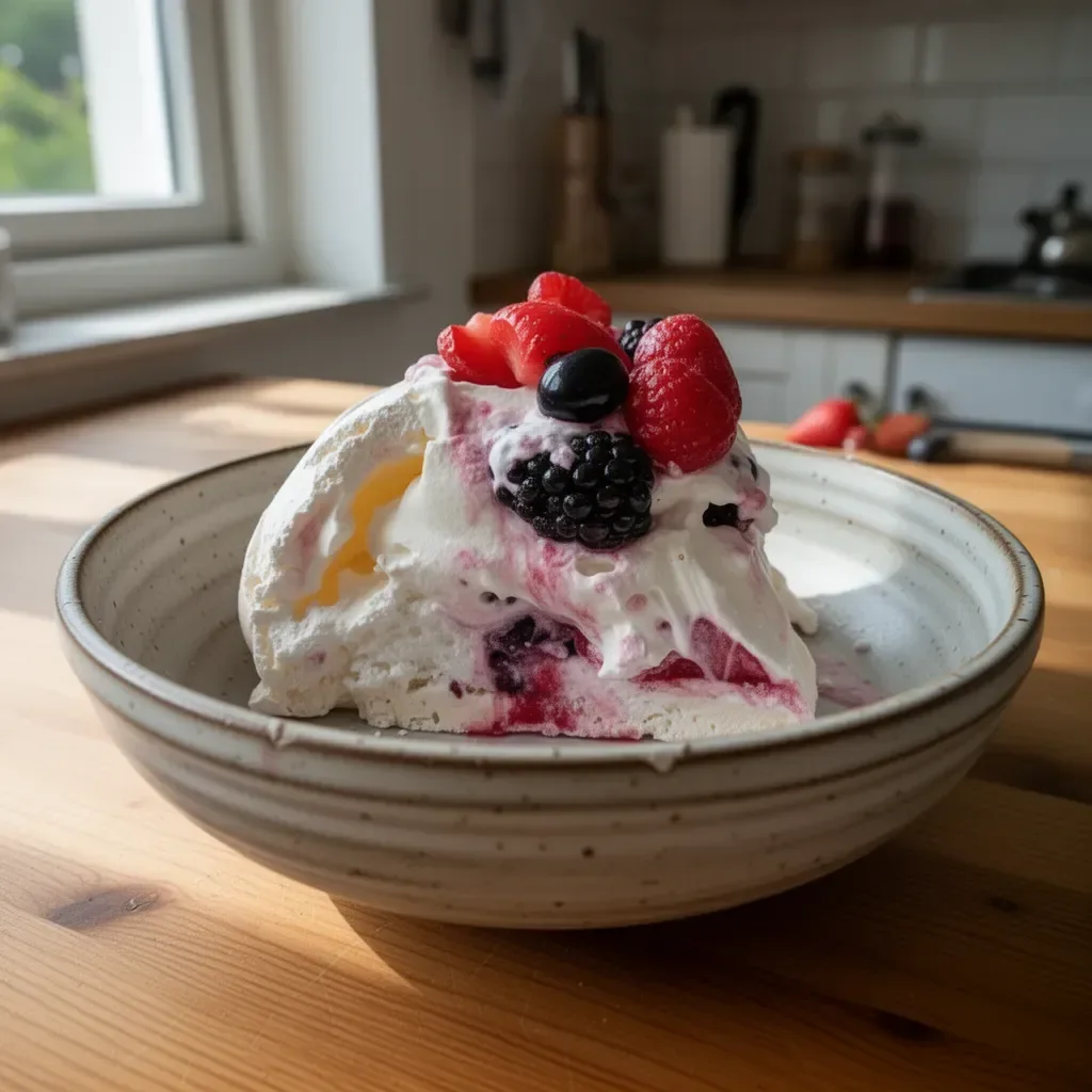Perfekte Pavlova mit frischen Früchten und Sahne dekoriert