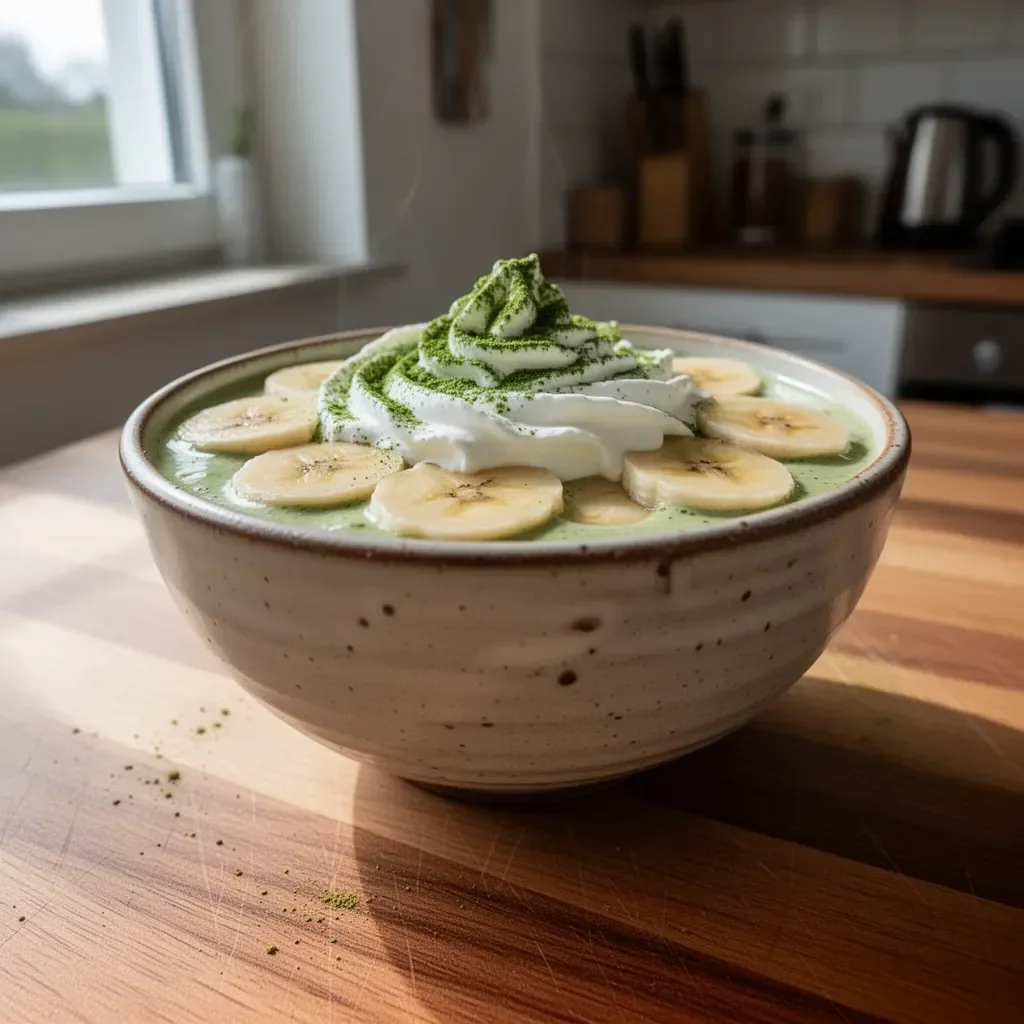 Einfache Bananenlatte mit Sahne und Matcha in einer Tasse serviert