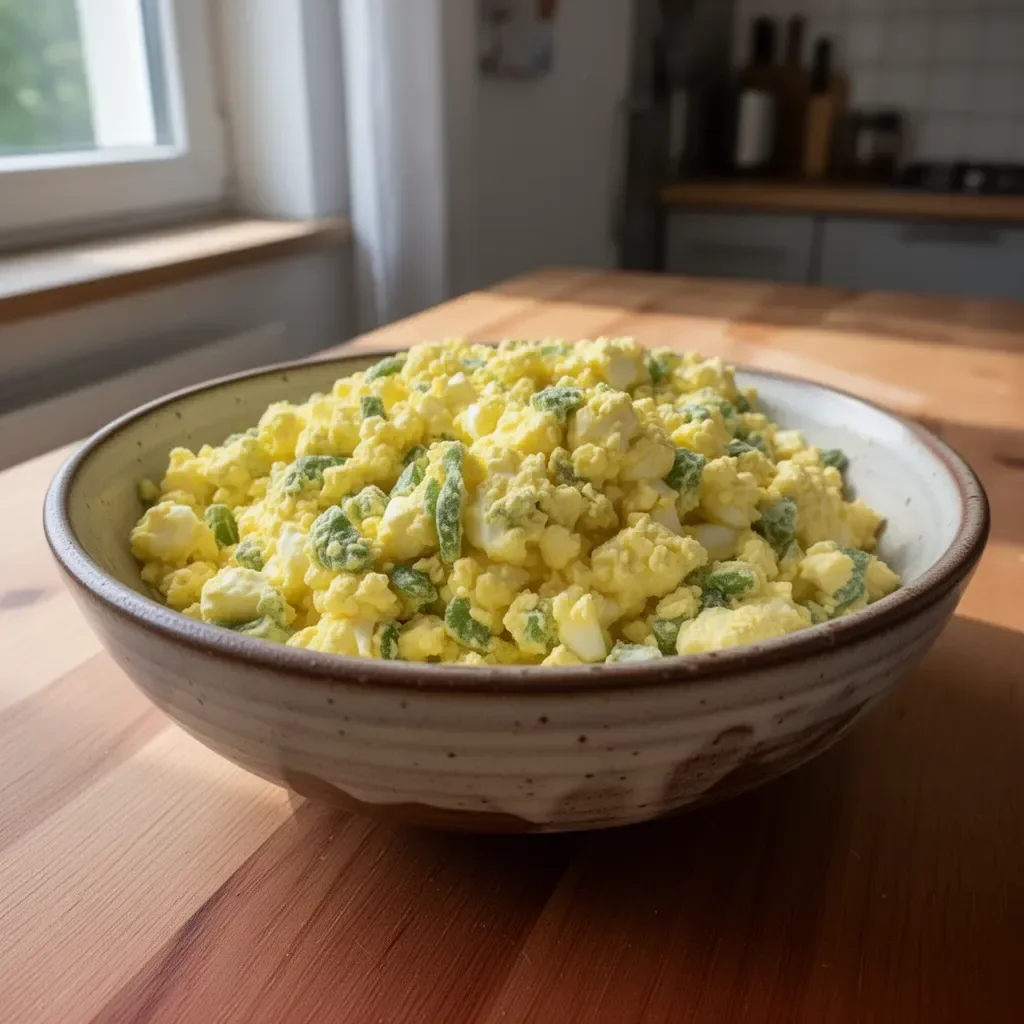 Ein einfacher Eiersalat auf einem Teller, ideal für Parties und Picknicks.