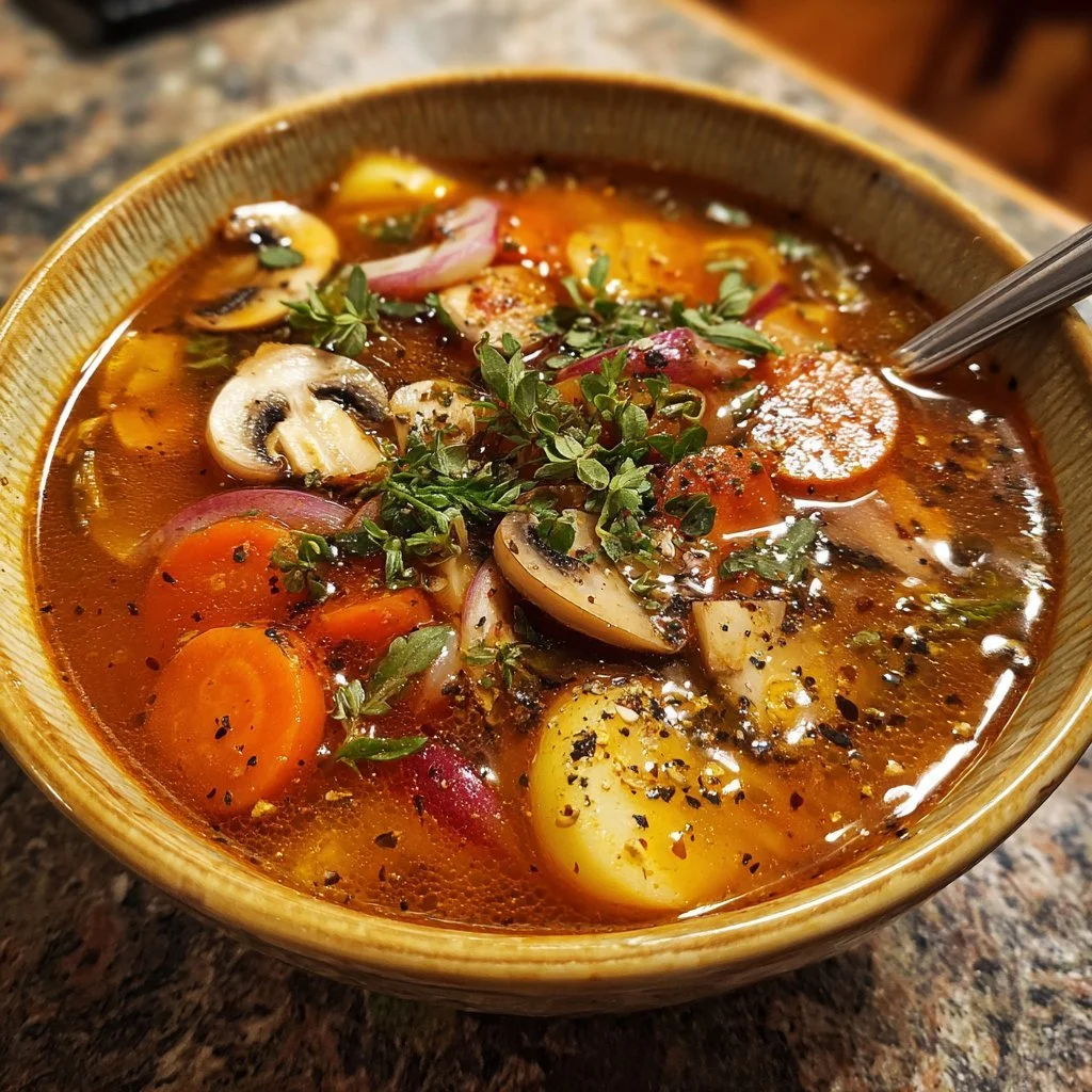 Einfache Gemüsesuppe mit frischem Gemüse in einer Schüssel serviert.