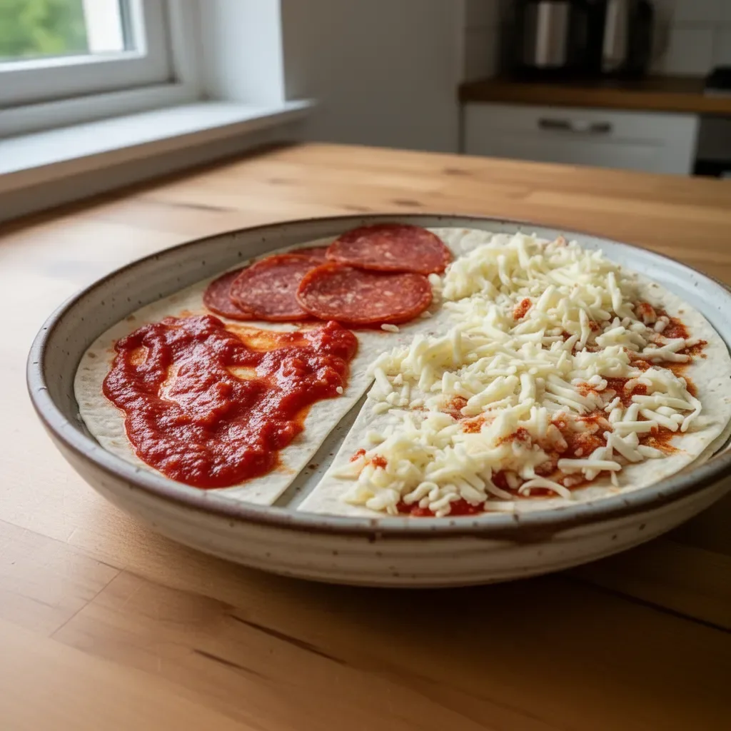 Leckere Pizza-Tortilla-Wickel auf einem Teller serviert