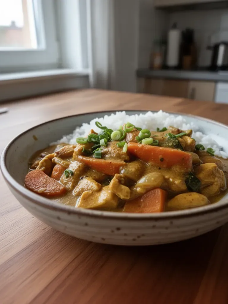 Eine leckere Portion einfaches Curry-Hühnchen mit frischem Gemüse.