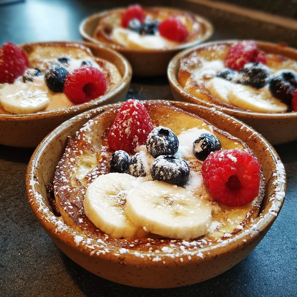 Protein-Pancake-Schalen frisch aus dem Ofen serviert mit frischen Früchten.