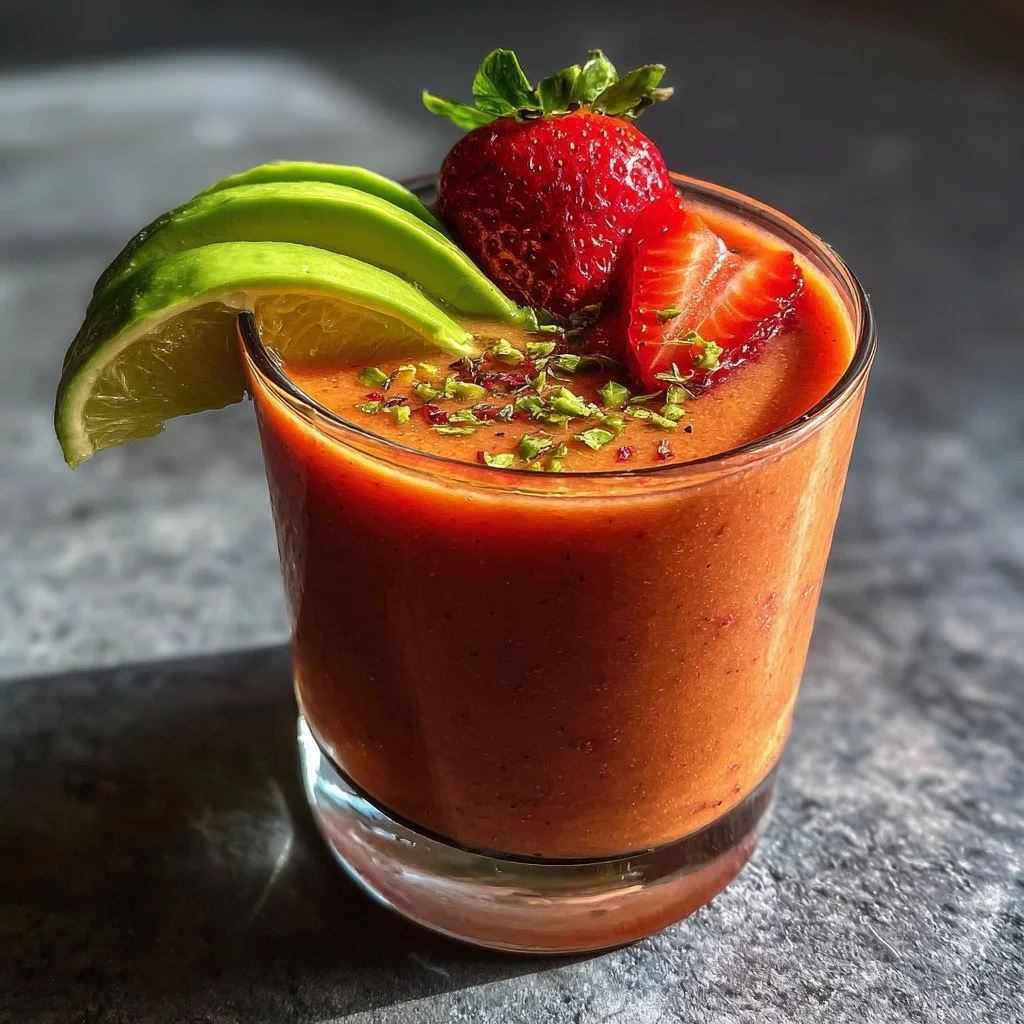 Erdbeer-Avocado-Shake in einem Glas mit frischen Zutaten
