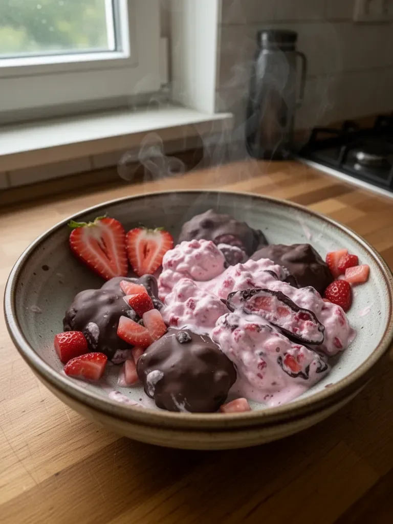 Erdbeerjoghurtstückchen mit Schokolade