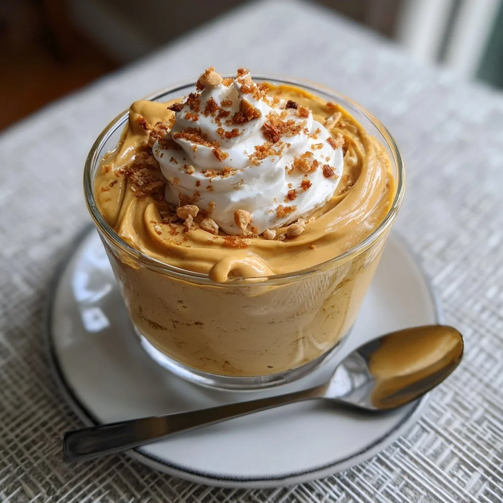 Erdnussbutter-Protein-Pudding in einer Schüssel mit Löffel