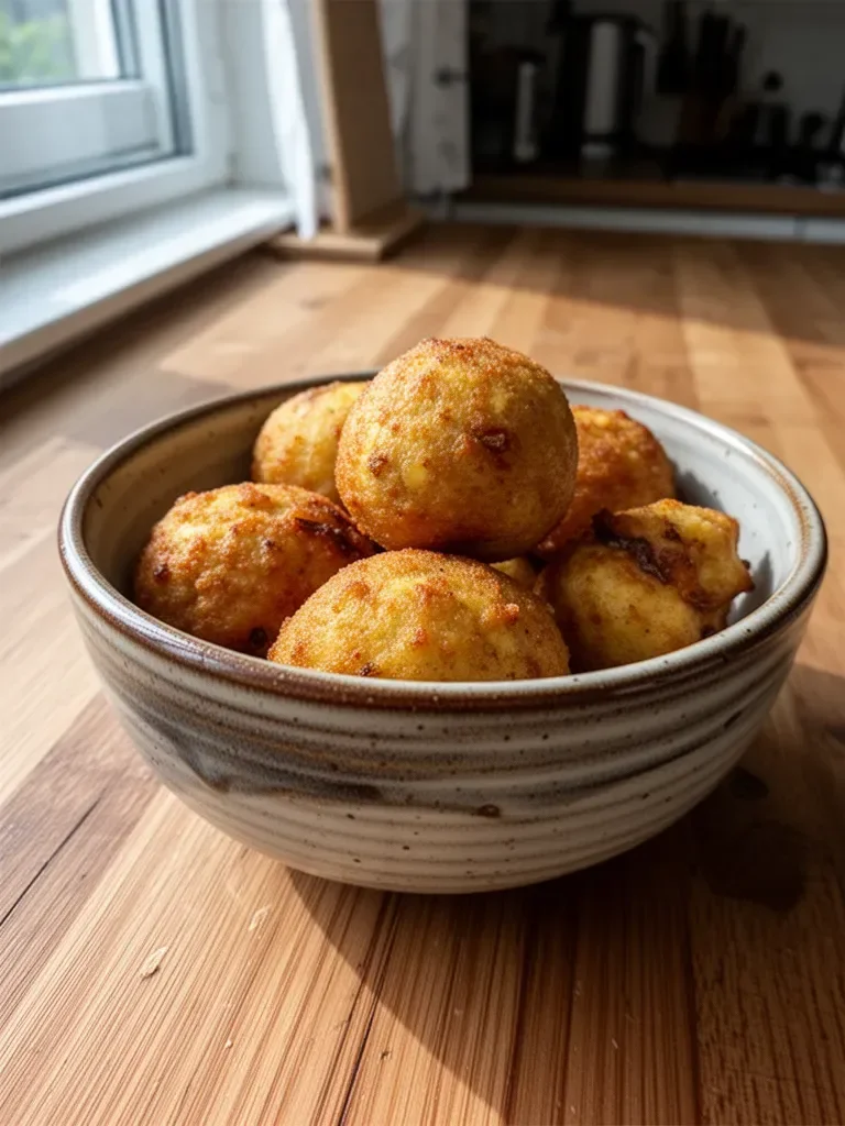Frittierte Bananenbälle serviert mit Honig und Schokolade