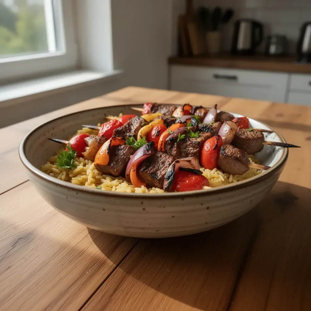 Leckere gegrillte Fleischspieße auf dem Grill mit frischem Gemüse