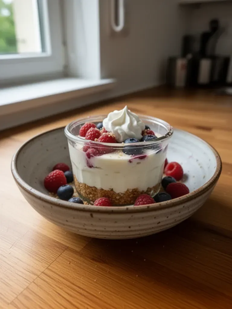 Gesunde Protein-Cheesecake-Gläser mit frischen Zutaten