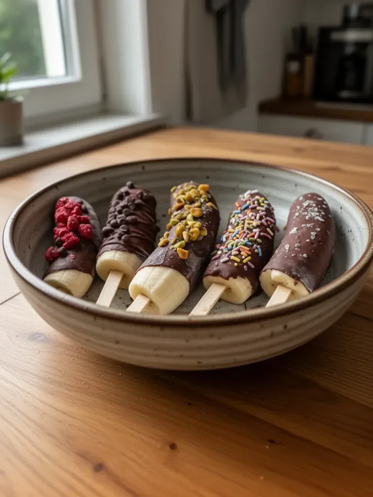 Gesunde schokoladenüberzogene Bananen als leckerer Snack