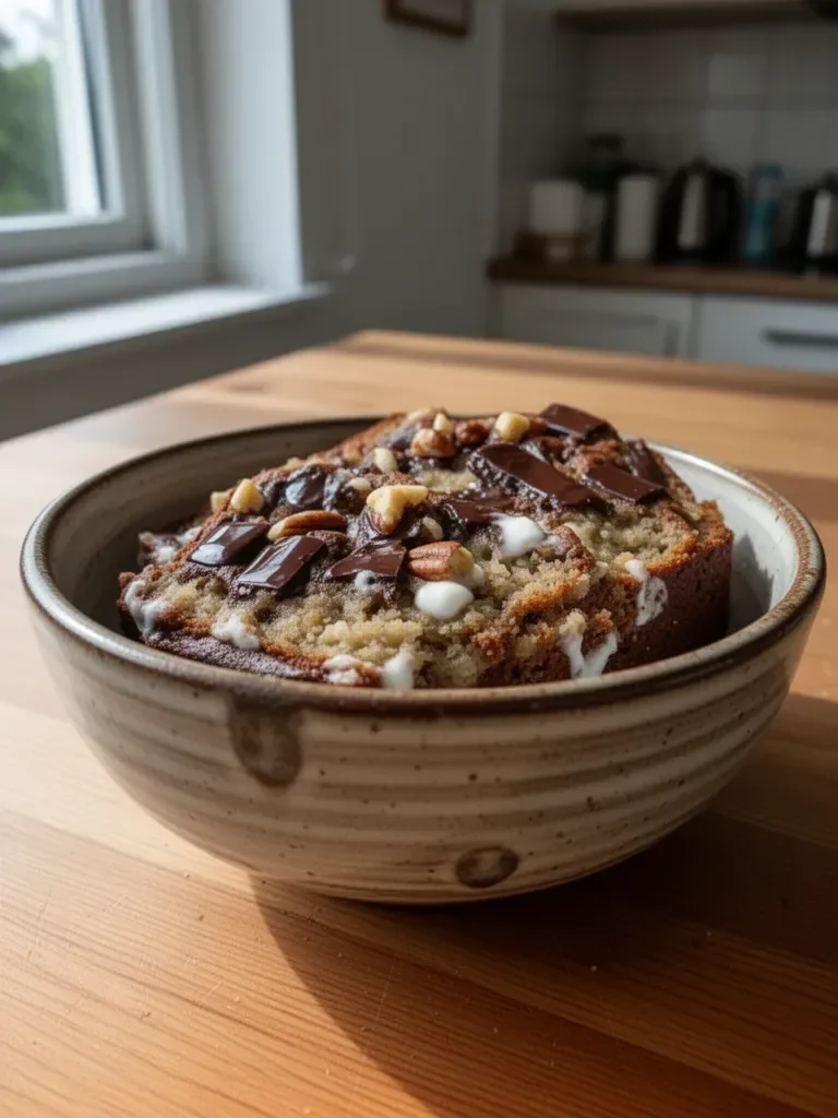 Gesundes Bananenbrot mit Joghurt auf einem weißen Teller