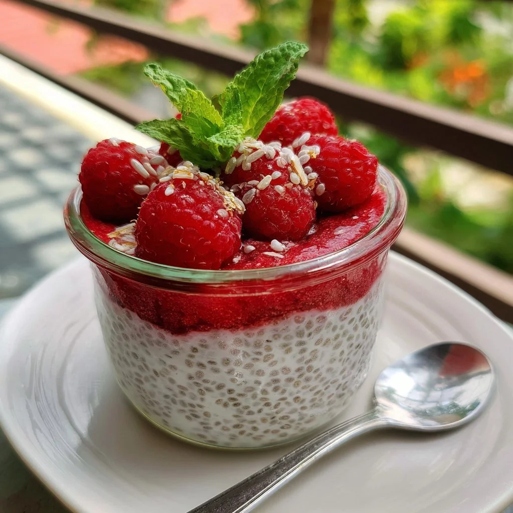 Gesunder Chia-Pudding mit Himbeeren in einer Schüssel