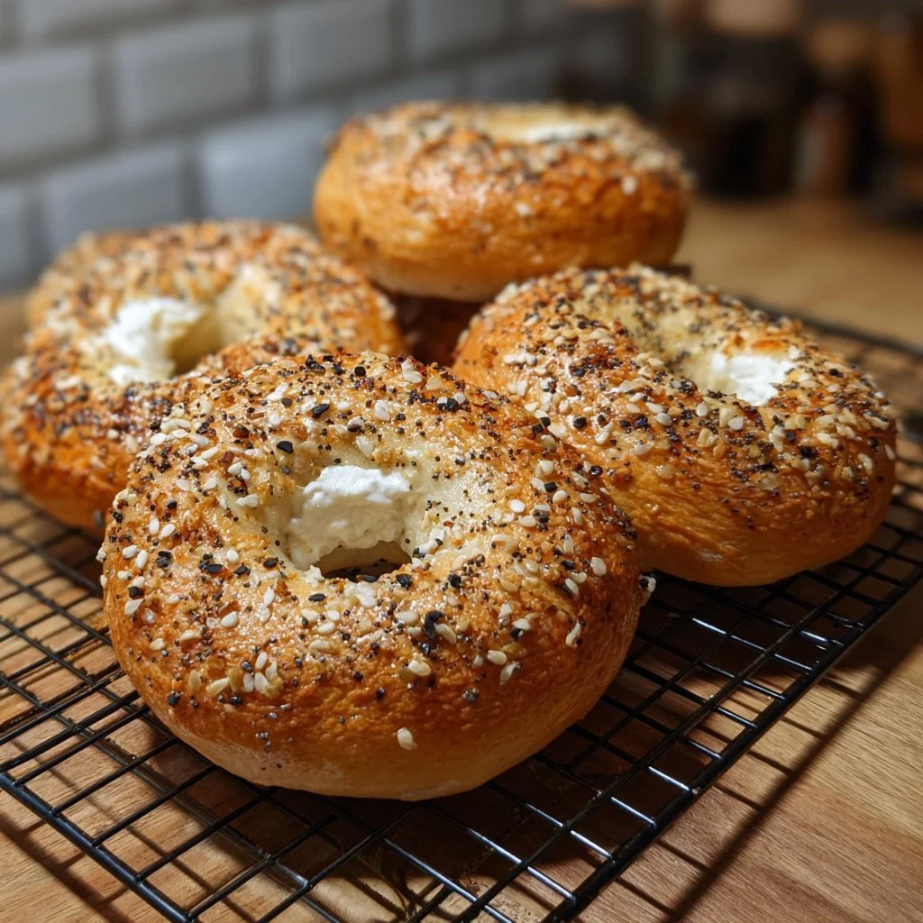 Griechische Joghurt-Bagels frisch gebacken auf einem Holzbrett