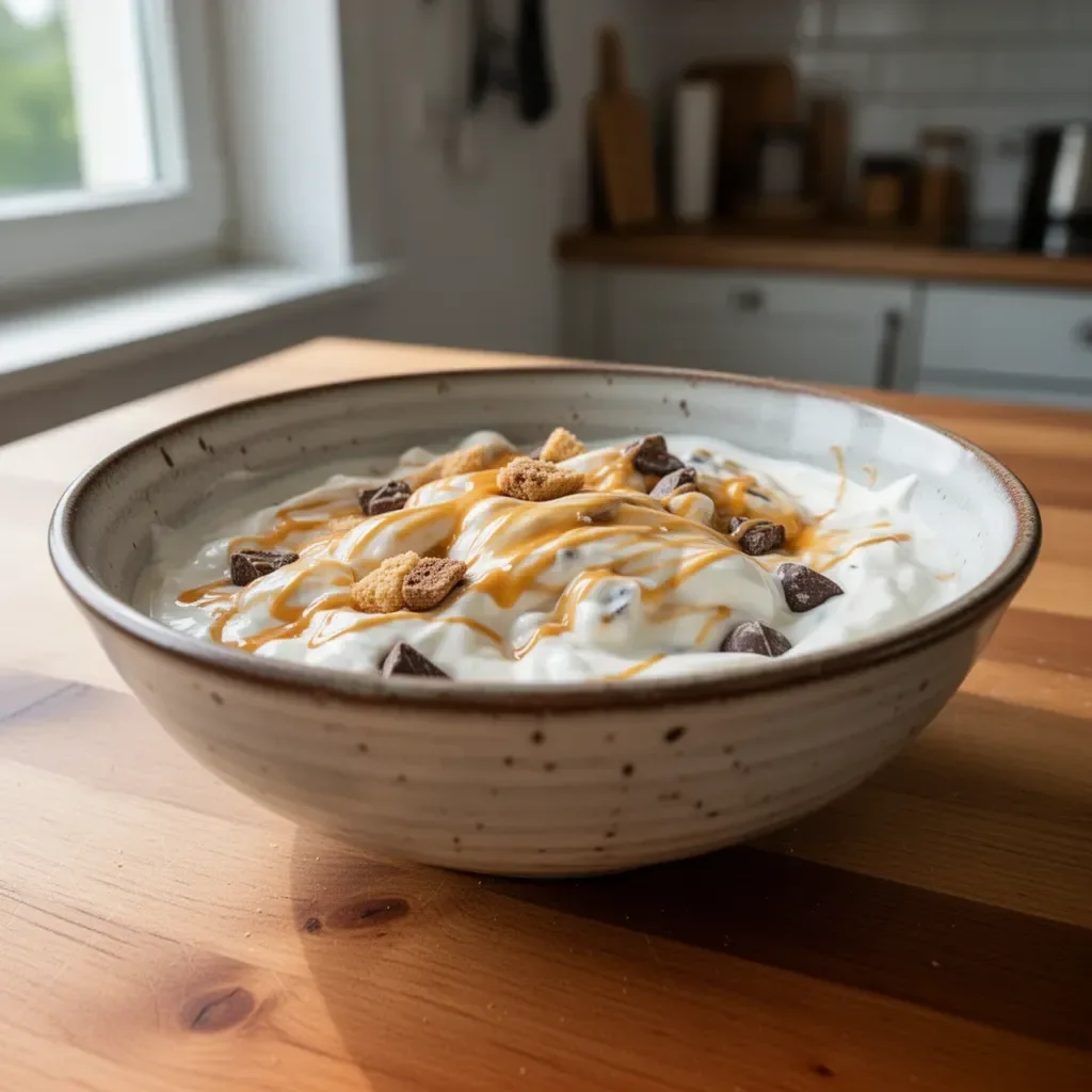 Griechischer Joghurt mit Keksstückchen und Schokoladenstückchen in einer Schale