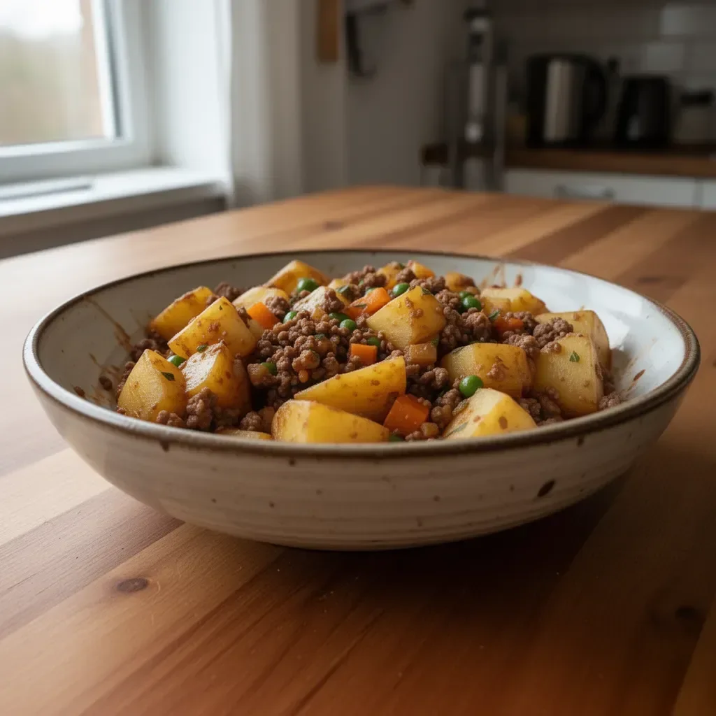 Schüssel mit Hackfleisch und Kartoffeln zubereitet nach traditionellem Rezept