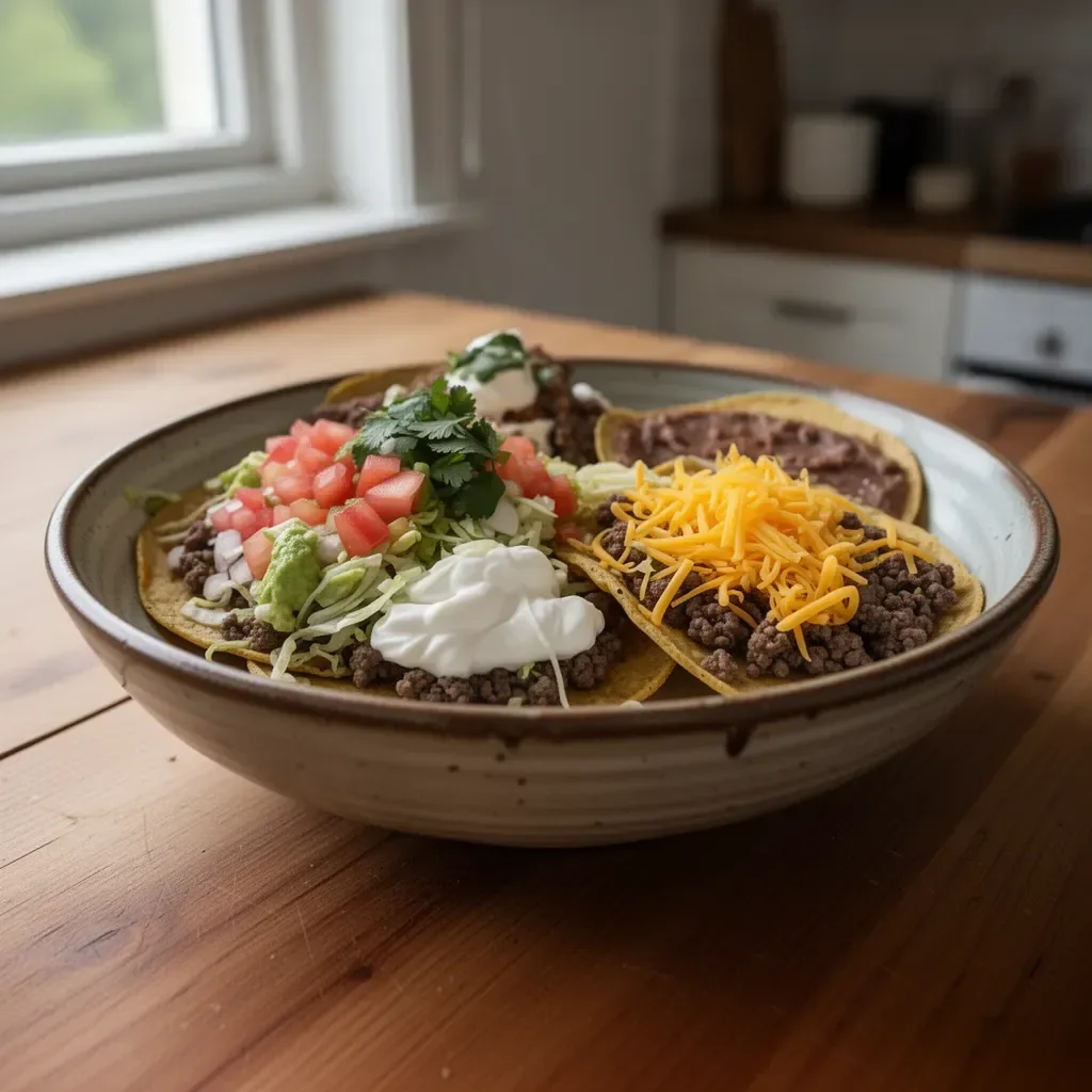 Leckere Hackfleisch-Tostadas auf einem Teller, garniert mit frischen Zutaten.