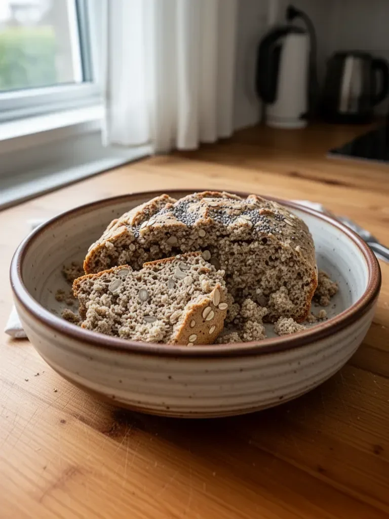 Frisches Hafer- und Chia-Brot auf einem Holzbrett mit gesunden Zutaten.