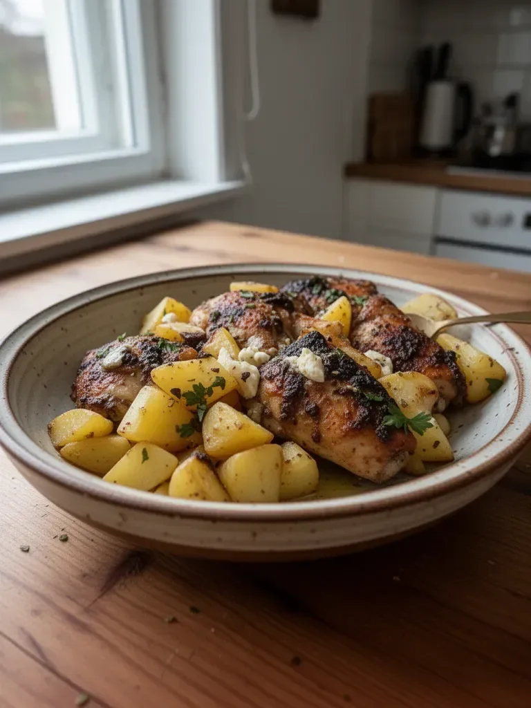 Hähnchen mit griechischen Kartoffeln auf einem Teller angerichtet