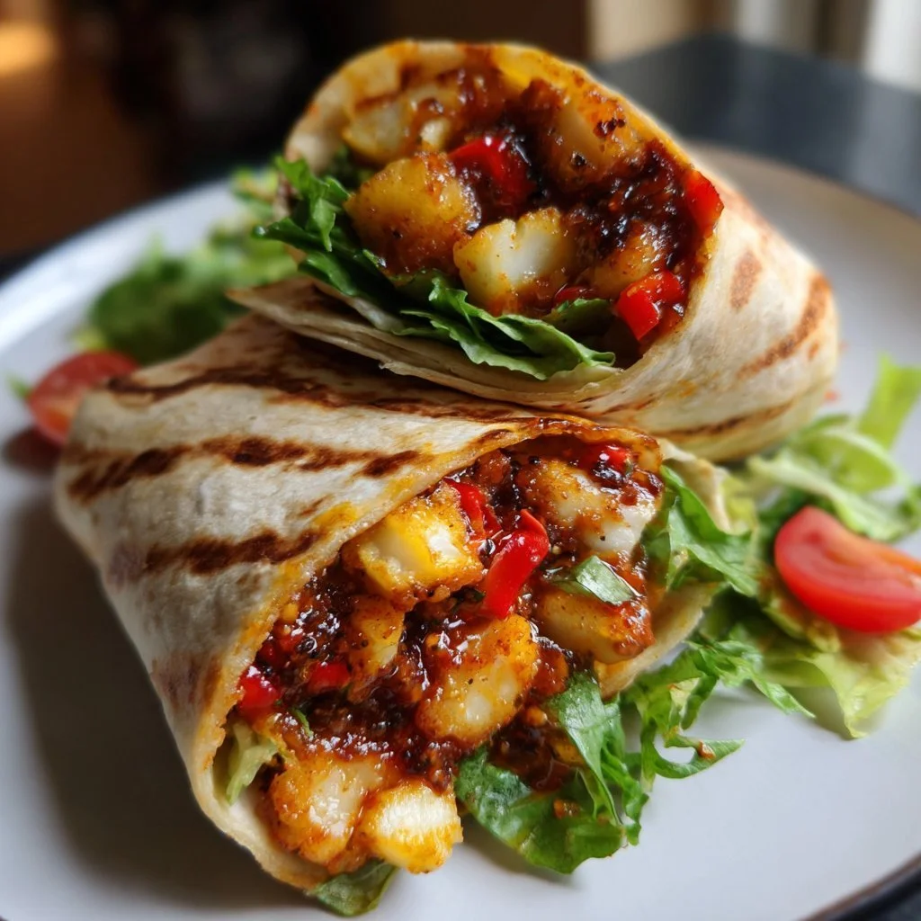 Halloumi-Wraps serviert mit süßer Chilisauce auf einem Teller