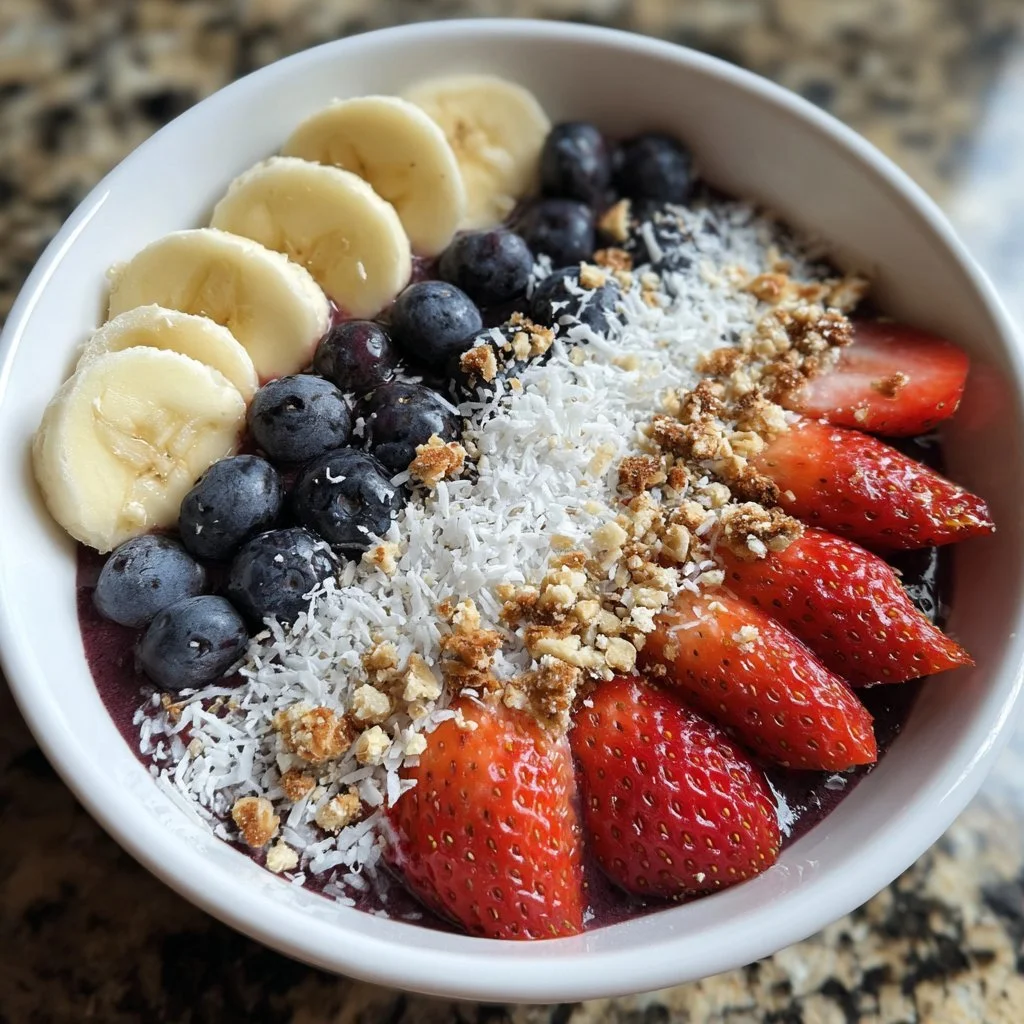 Hausgemachte Acai-Schüssel mit frischen Früchten und Toppings