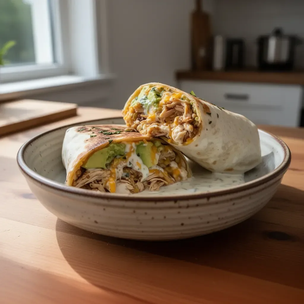 Hühnchen-Burritos mit Avocado und Ranch-Dressing auf einem Teller