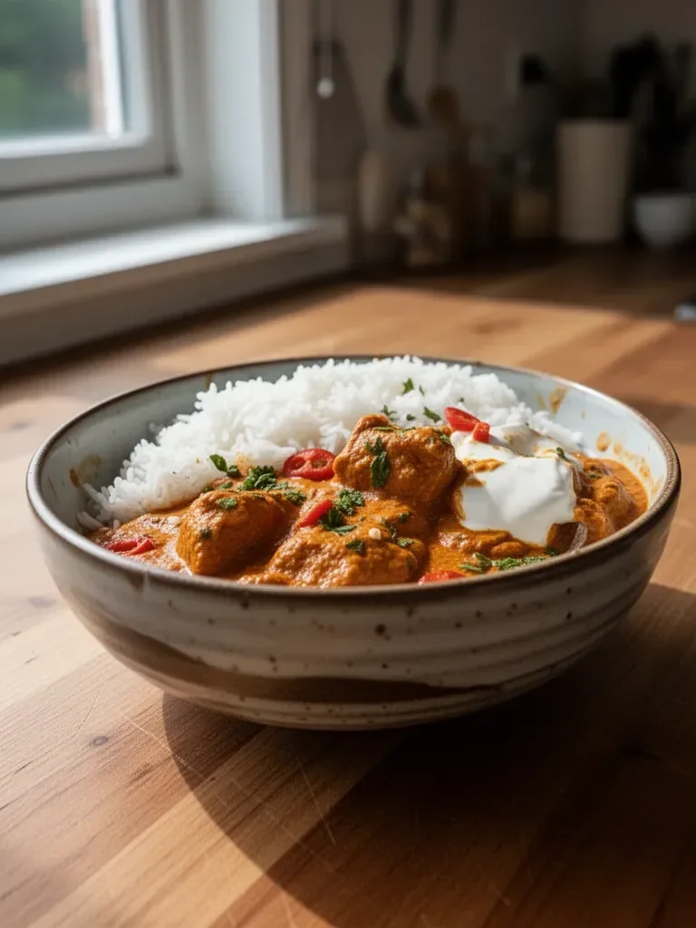 Hühnchen Tikka Masala Gericht mit duftender Sauce und Gewürzen