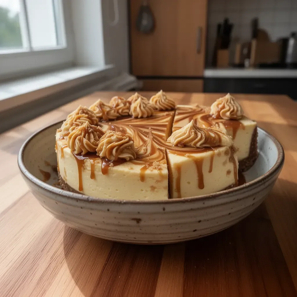Irresistibler Karamell-Wirbel-Käsekuchen mit cremiger Füllung und Karamell-Dekor