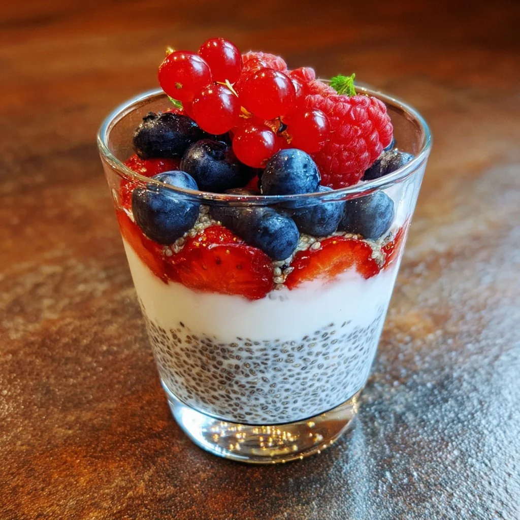 Joghurt-Parfait mit Beeren und Chia in einer Glas-Schichtanordnung