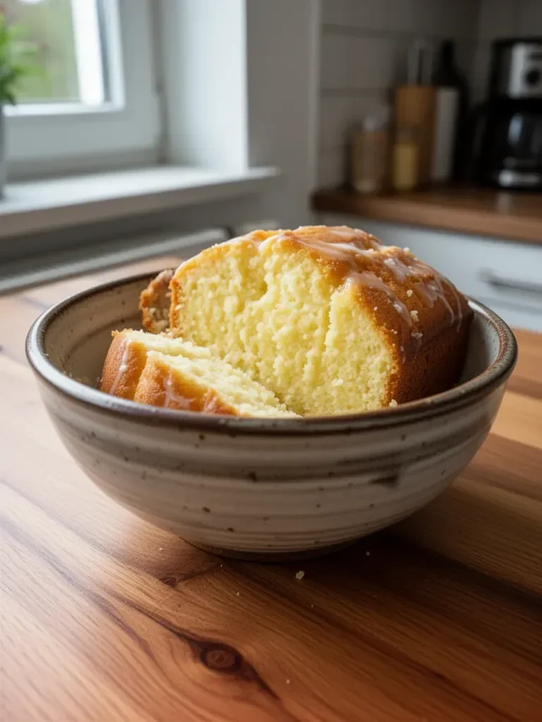 Joghurtkuchen im Schüssel, frisch gebacken und dekoriert