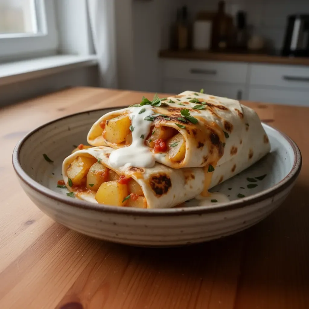 Kartoffel-Burritos mit Käse auf einem Teller serviert.