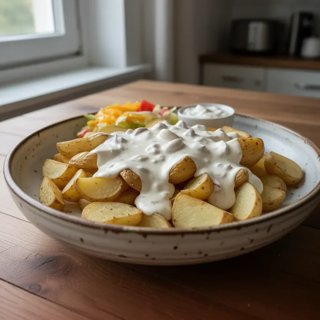 Kartoffeln mit cremiger Knoblauchsoße auf einem weißen Teller