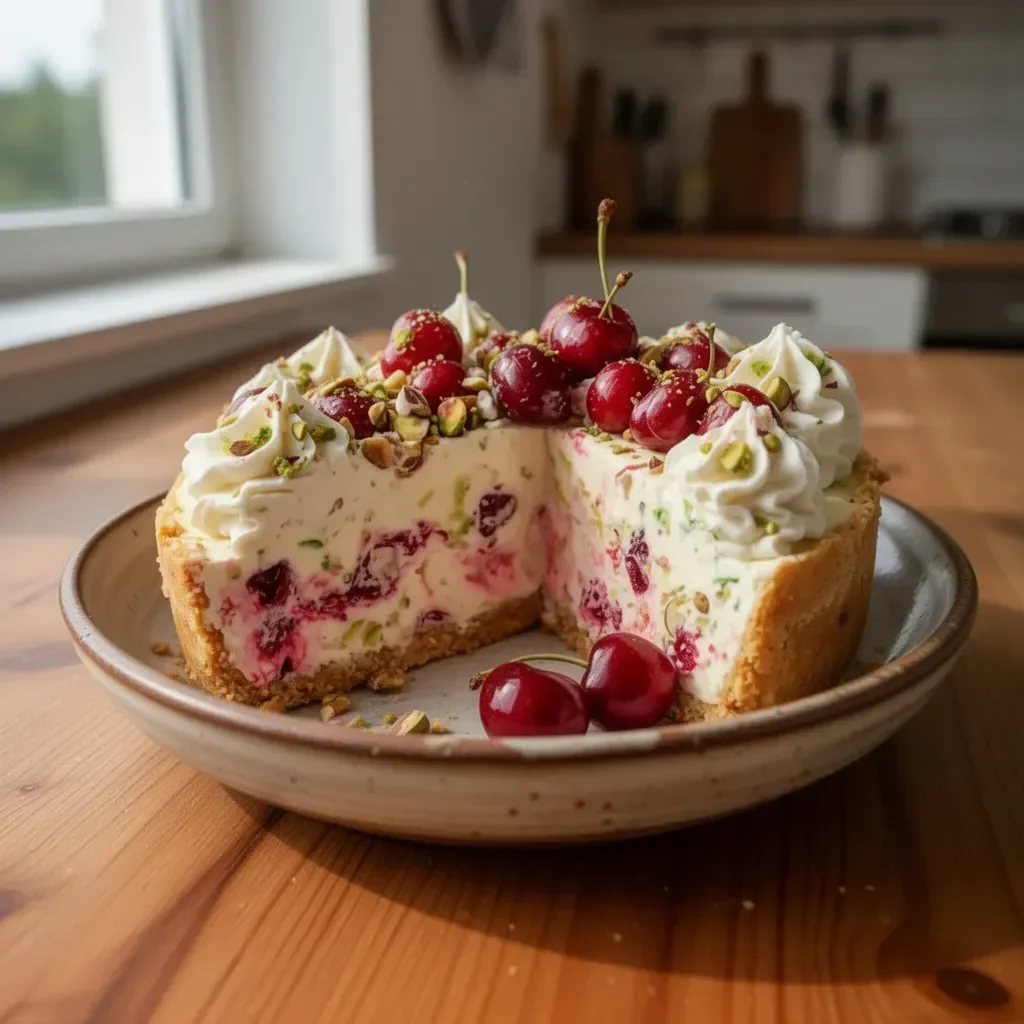 Käsekuchen mit Limette, Kirsche und Pistazie auf einem eleganten Dessertteller