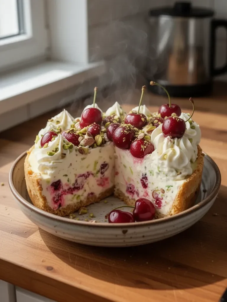 Käsekuchen mit Limette, Kirsche und Pistazie
