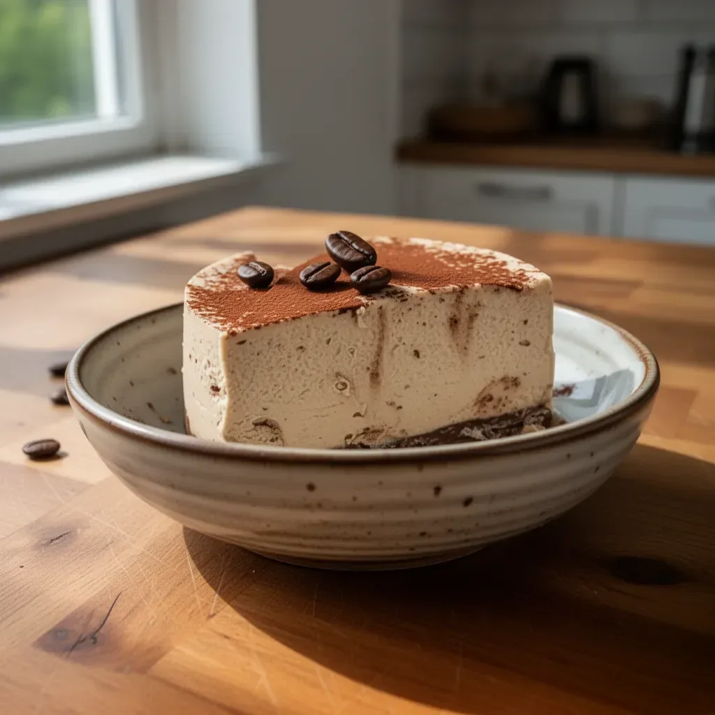 Käsekuchen-Mousse mit Kaffee serviert in einem eleganten Dessertglas.