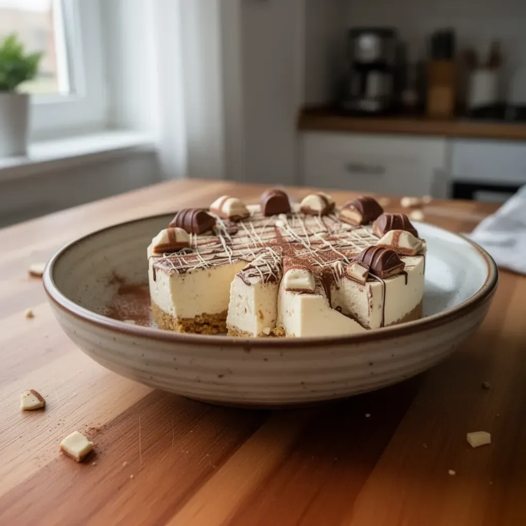 Leckere Kinder Bueno Cheesecake mit Schokoladenstücken und Karamell-Topping