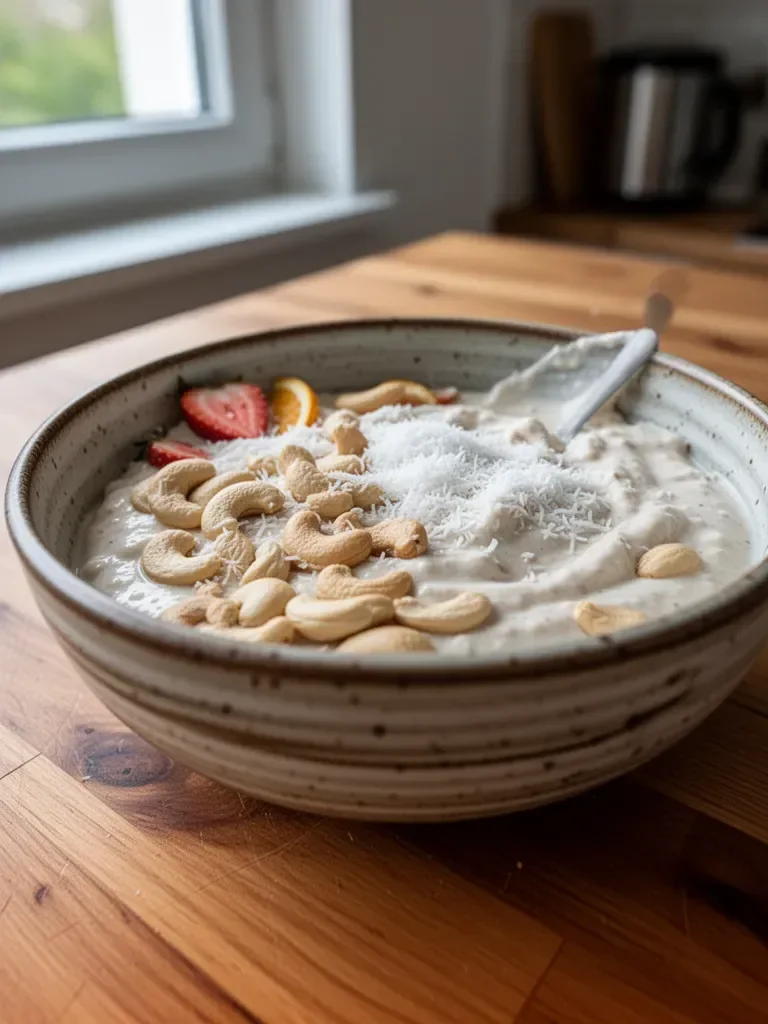 Cremiger Kokos-Cashew-Joghurt in einer Schüssel ohne Milchprodukte