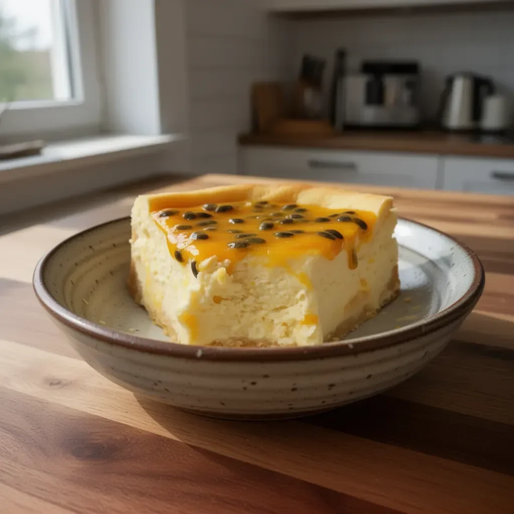 Leckerer Maracujá-Käsekuchen mit fruchtiger Passionsfruchtfüllung und cremigem Käse