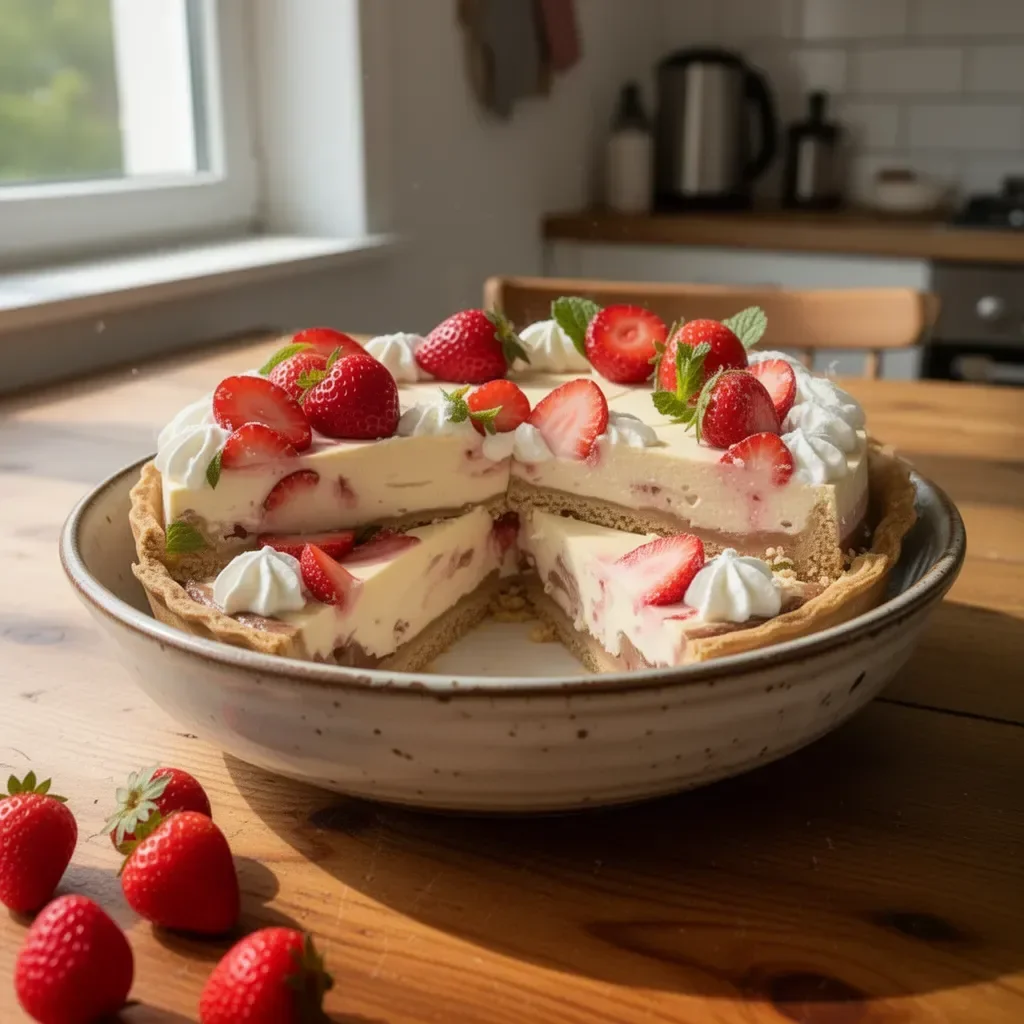 Neapolitanische Torte ohne Backen mit Schichten von Schokolade und Erdbeeren