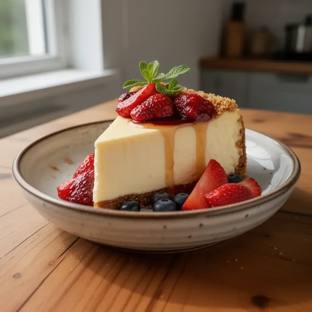 Cremiger New Yorker Käsekuchen auf einem Teller mit frischen Beeren dekoriert.