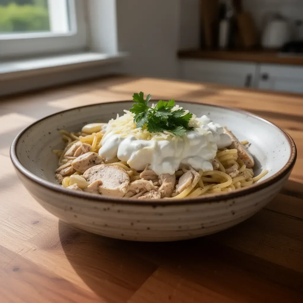 Cremige Pasta mit Hühnchen und Mozzarella auf einem Teller serviert.