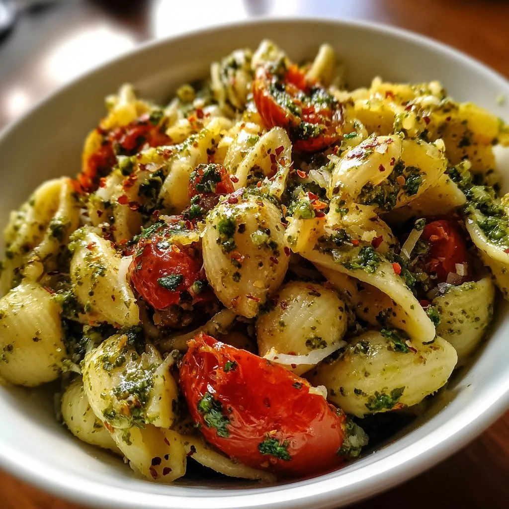 Pasta-Salat mit Pesto in einer bunten Schüssel serviert