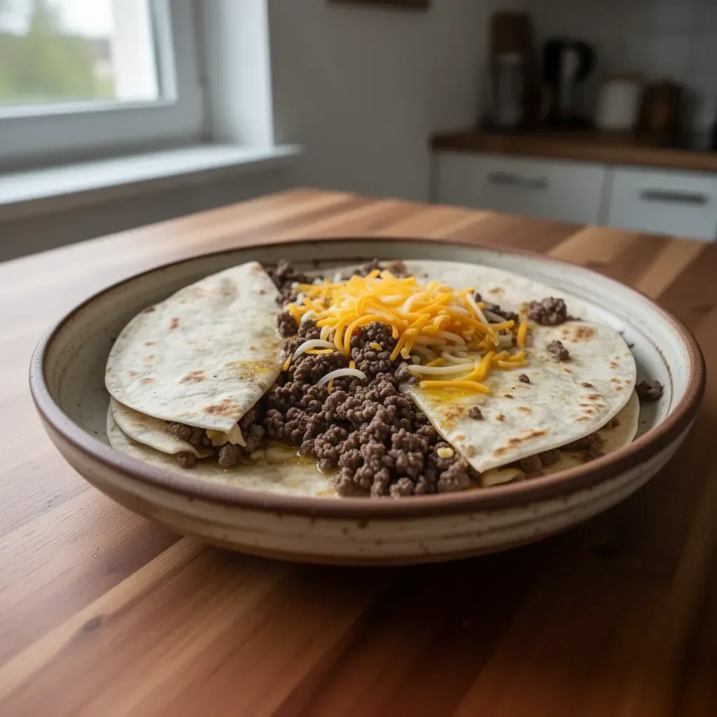 Quesadilla mit Rindfleisch im Taco Bell Stil auf einem Teller angerichtet