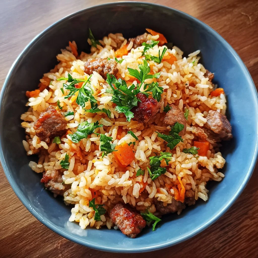 Eine Schüssel Reis mit zartem Fleisch und frischem Gemüse.