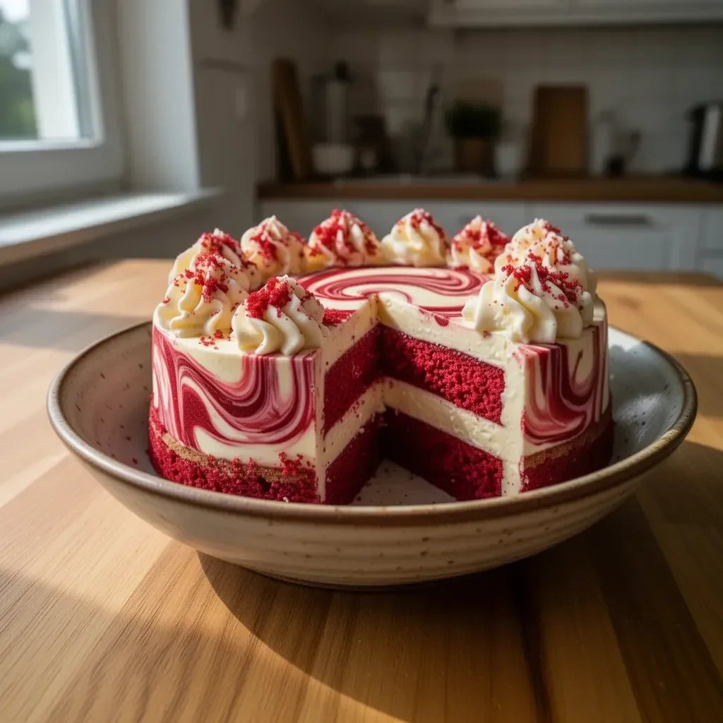 Saftiger Rotvelvetkuchen mit cremigem Frischkäsewirbel auf dem Teller