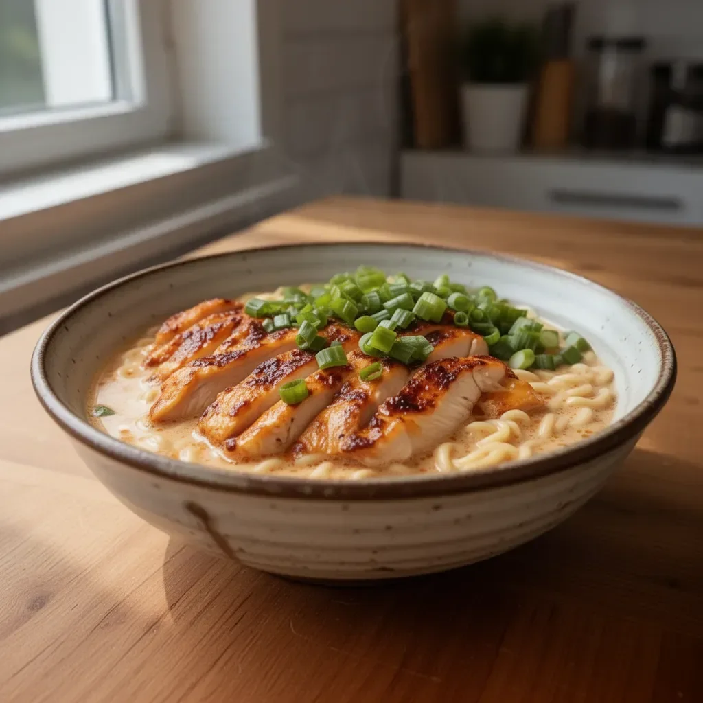 Scharfes Ramen-Hühnchen in cremiger Sauce serviert in einer Schüssel