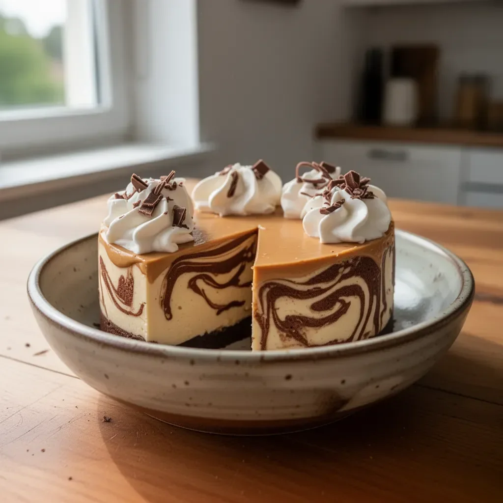 Schokoladenkäsekuchen mit cremiger Erdnussbutterfüllung auf einem Tisch