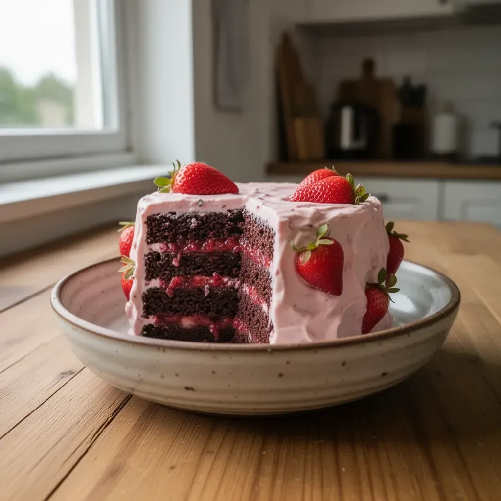 Schokoladenkuchen mit Erdbeer-Marmeladenfüllung und Frischkäseglasur auf einem Teller