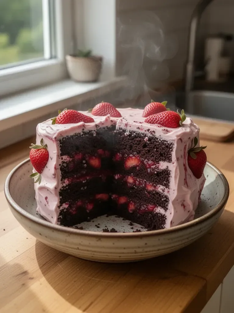 Schokoladenkuchen mit Erdbeer-Marmeladenfüllung und Frischkäseglasur
