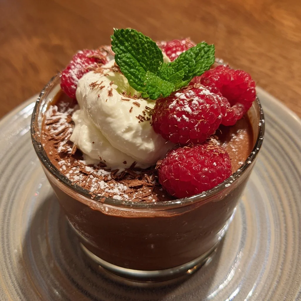 Schokoladenmousse mit griechischem Joghurt in einer eleganten Dessertschale.